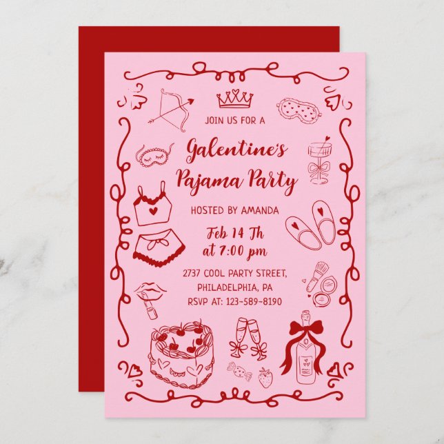 Invitation Girly Red Pink Hand Drawn Galentine's Pajama Party (Devant / Derrière)
