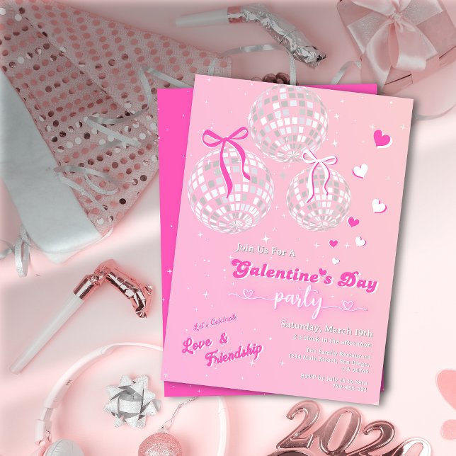 Invitation Girly Retro Pink Silver Disco Ball Galentine's Day (Girly Retro Pink Silver Disco Ball Galentine's Day Invitation)