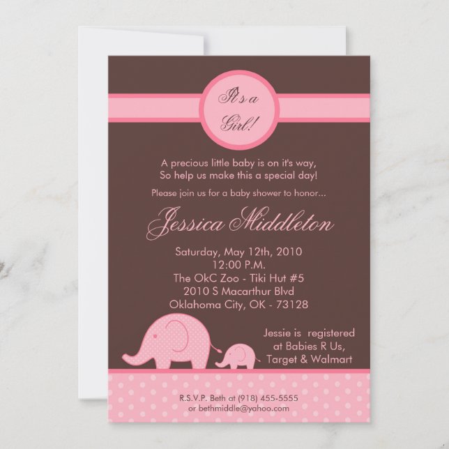 invitation Girly rose de baby shower d'éléphant de (Devant)