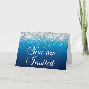 Invitation Girly Silver Parties scintillant Blue Gradient Vou