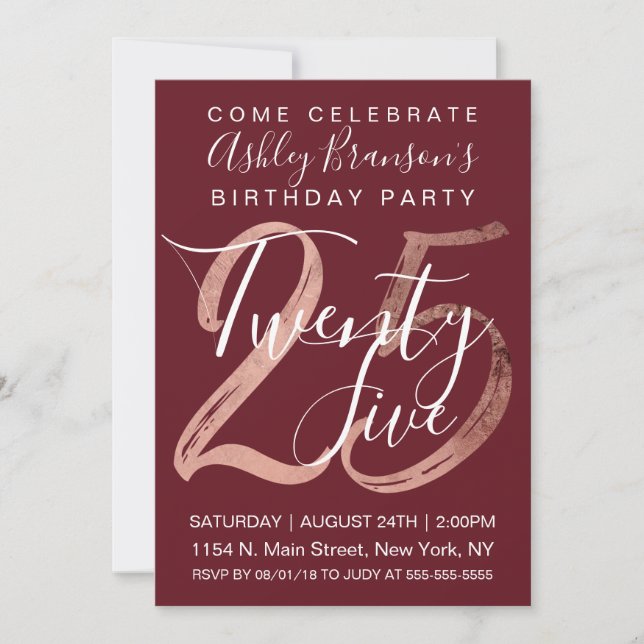 Invitation Girly Simple Burgundy Rose Gold Foil 25e anniversa (Devant)