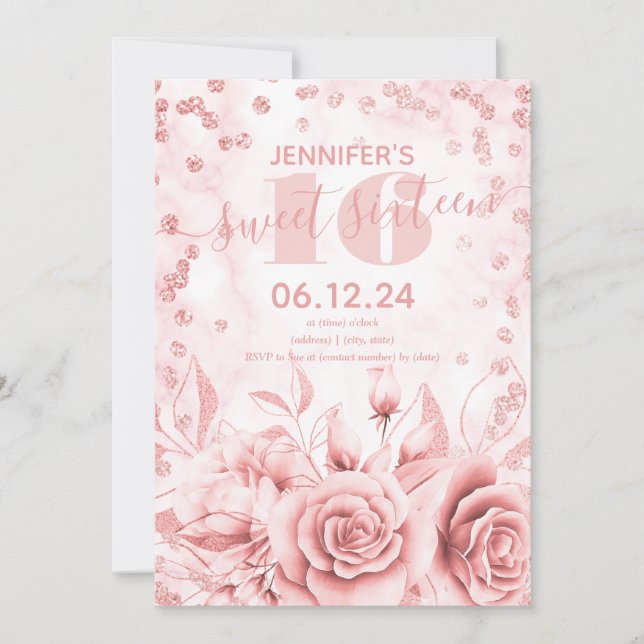 Invitation Girly Sweet 16th Marble Parties scintillant Rose o (Devant)