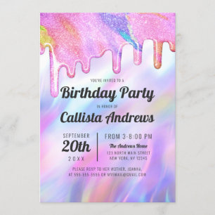 Invitation Girly Unicorn Holographic Parties scintillant Drit