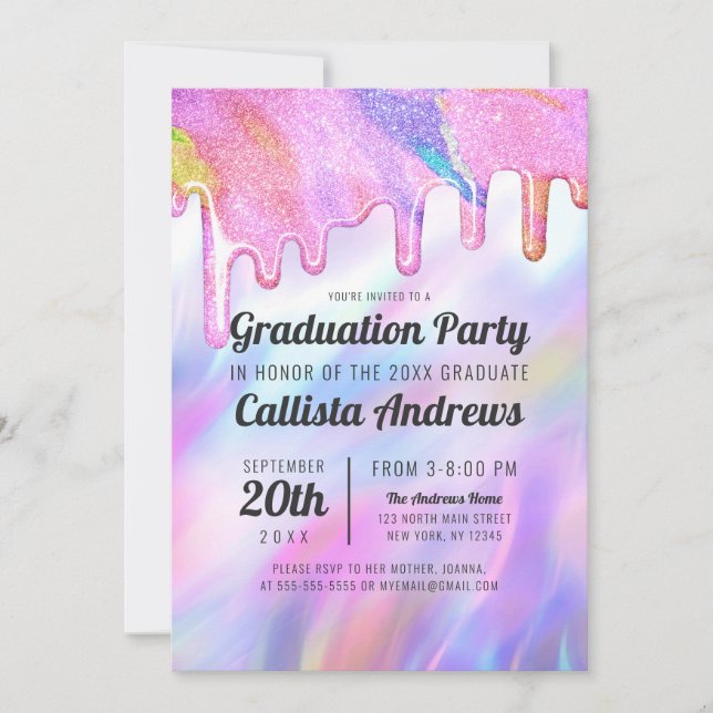 Invitation Girly Unicorn Holographic Parties scintillant Driv (Devant)
