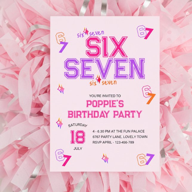 Invitation Girly Varsity Pink Purple 6 7 Meme Birthday Party (6 7 girls birthday invitation in pink and purple, with girly varsity typography design)