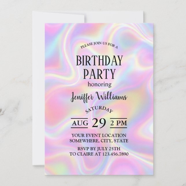 Invitation Girly Vibrant Pastel Holographic Swirl Design      (Devant)