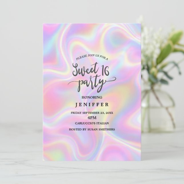 Invitation Girly Vibrant Pastel Holographic Swirl Design      (Debout devant)