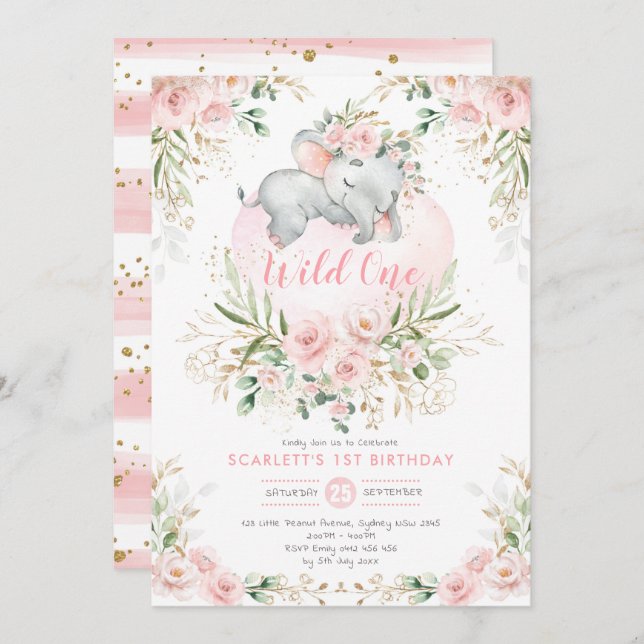 Invitation Girly Wild One Elephant Blush Floral 1er Anniversa (Devant / Derrière)