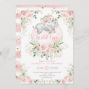 Invitation Girly Wild One Elephant Blush Floral 1er Anniversa