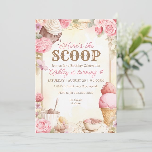 Invitation Glace à l'ancienne couleur rose pour fête de la gl (Debout devant)