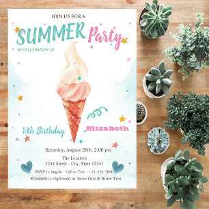 Invitation Glace à l'aquarelle Etoiles Eté Anniversaire 