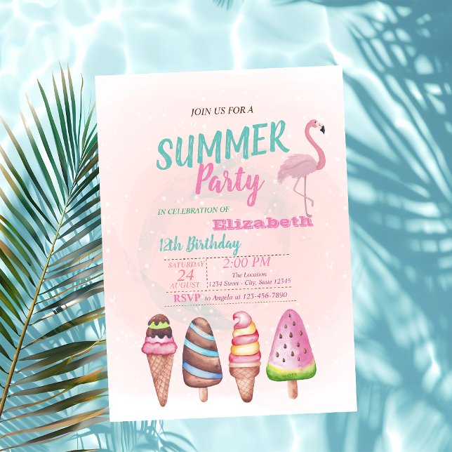 Invitation Glace à l'aquarelle, Fête d'anniversaire des flama (Créateur téléchargé)