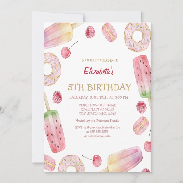 Invitation Glace à l'aquarelle, gâteaux Donuts Anniversaire  (Devant)