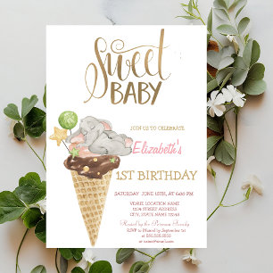 Invitation Glace à l'Éléphant Bébé Anniversaire Rayé