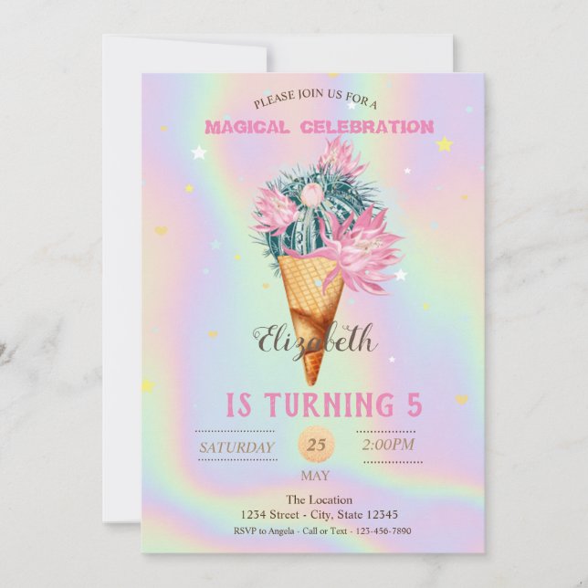 Invitation Glace Cool Cactus Anniversaire Holographique (Devant)