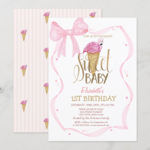Invitation Glace Cool Flamant Rose Ruban Rayé Anniversaire
