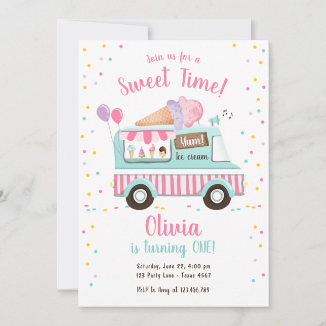 Invitation Glace Cream Camion Sweet Time Rose Girl Anniversai (Devant)