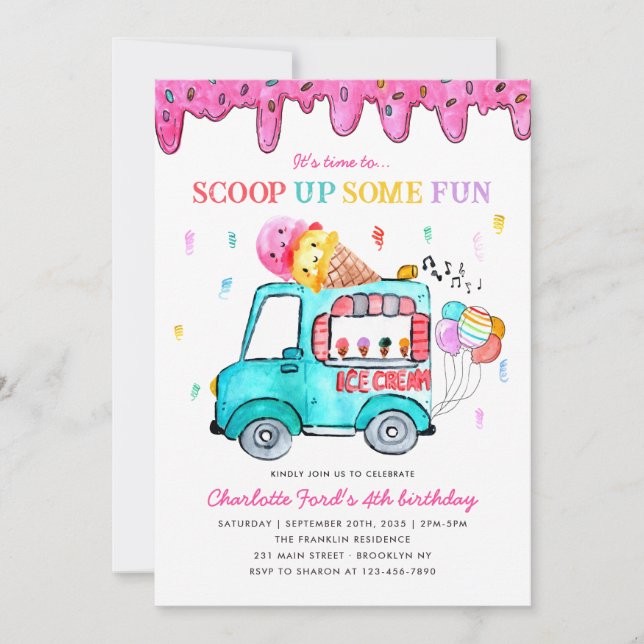 Invitation Glace Cream Ramassez Fun Camion Anniversaire de en (Devant)