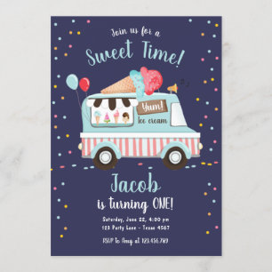 Invitation Glace Cream Truck Sweet Time Boy Red Blue Birthday