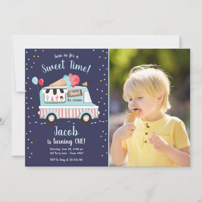 Invitation Glace Cream Truck Sweet Time Boy Red Blue Birthday (Devant)