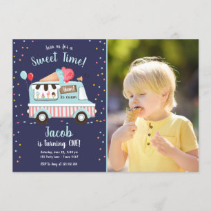Invitation Glace Cream Truck Sweet Time Boy Red Blue Birthday