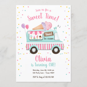 Invitation Glace Cream Truck Sweet Time Pink Girl Anniversair