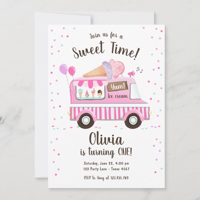 Invitation Glace Cream Truck Sweet Time Pink Girl Anniversair (Devant)