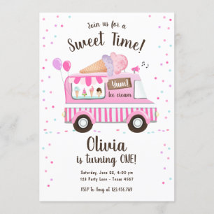 Invitation Glace Cream Truck Sweet Time Pink Girl Anniversair