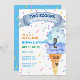 Invitation Glace Cream Twins Garçons Filles Deux Scoops Anniv