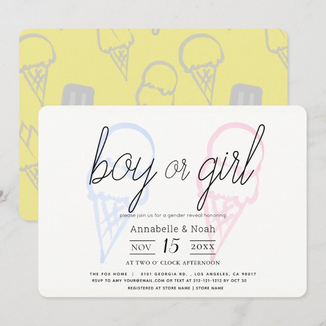 Invitation Glace Crème rose et bleu Révélation de genre (Devant / Derrière)