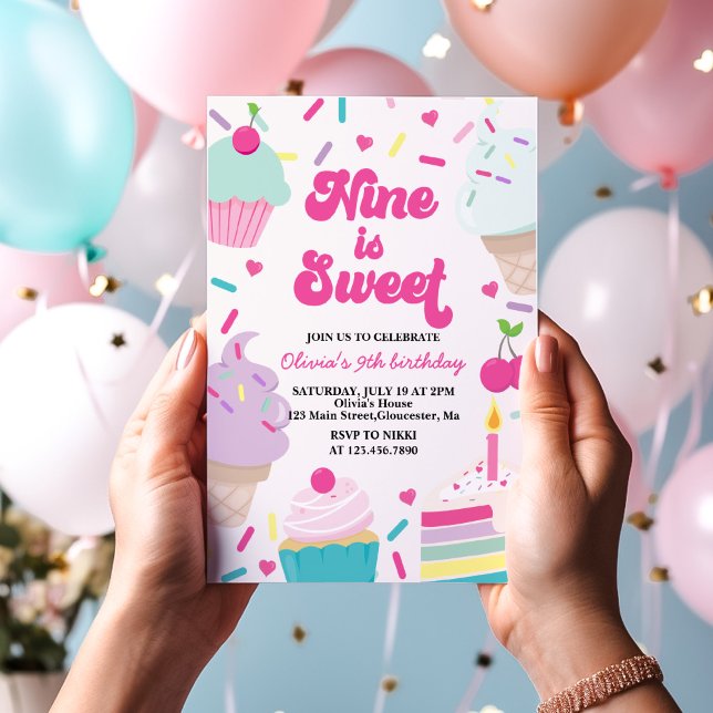 Invitation Glace et gâteau Nine est un doux 9e anniversaire (Créateur téléchargé)