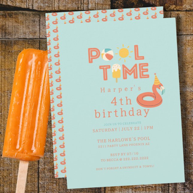 Invitation glace flamant rose d'été pour fête d'anniversaire  (pool time flamingo beach ball sun popsicle personalized birthday pool party invitation )
