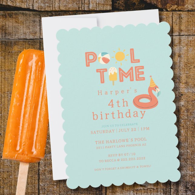 Invitation glace flamant rose d'été pour fête d'anniversaire  (pool time flamingo beach ball popsicle sun birthday pool party personalized invitation)