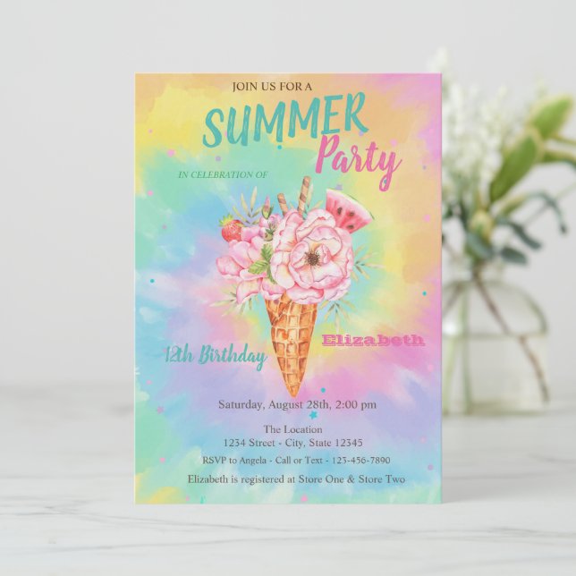 Invitation Glace Fleurs Fruits Été Tye Dye Anniversaire  (Debout devant)
