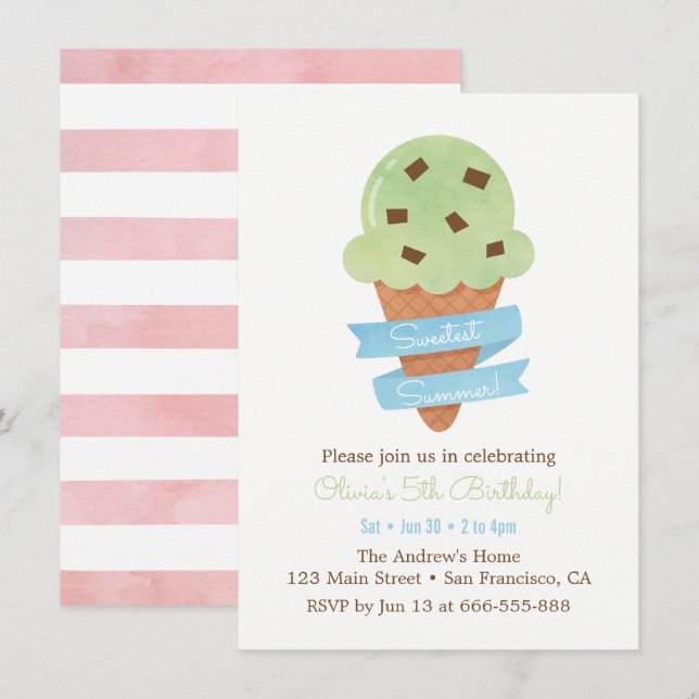 Invitation Glace Menthe Verte Cône Enfants Fête d'anniversair (Devant / Derrière)