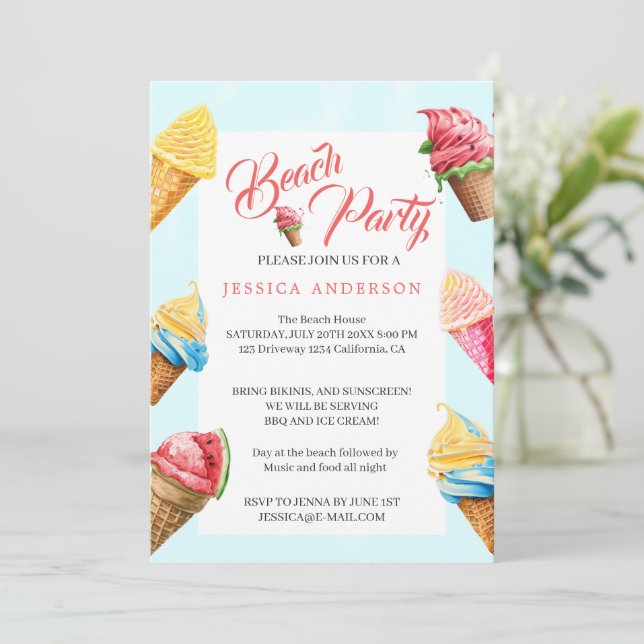 Invitation Glace Mignonne Fête d'Été sur la Plage (Debout devant)
