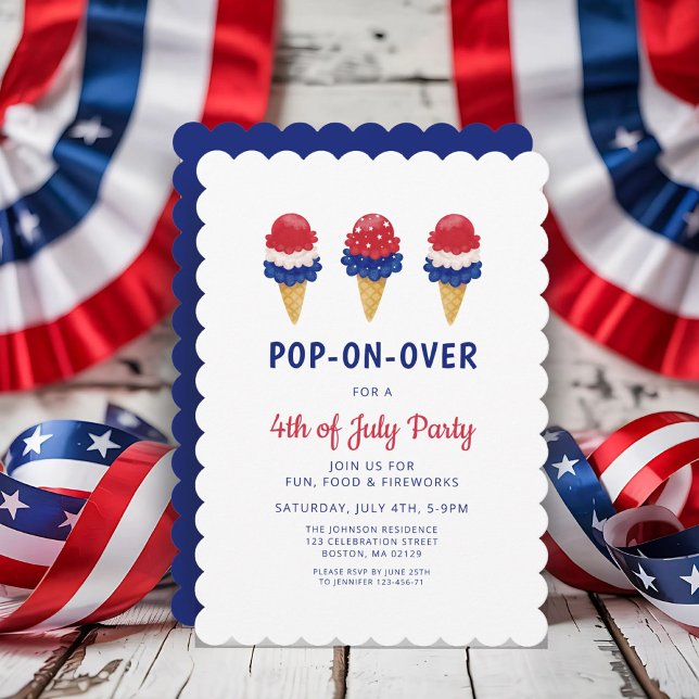 Invitation Glace Mignonne Rouge, Blanc Et Bleu 4 Juillet (Cute Ice Cream Red, White And Blue 4th of July Invitation)