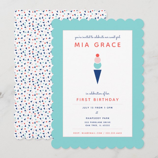 Invitation Glace Moderne Fantaisiste en Bleu Aqua (Devant / Derrière)