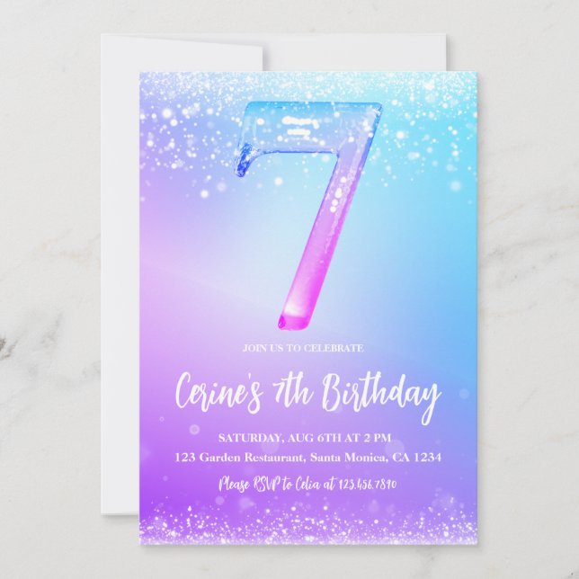 Invitation Glace numéro blanc paillettes Fille 7e Anniversair (Devant)