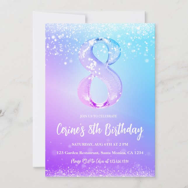 Invitation Glace numéro blanc paillettes Fille 8e Anniversair (Devant)