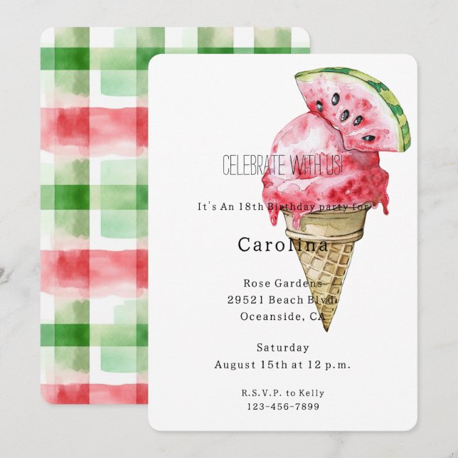 Invitation Glace Pastèque Verte Rouge Cône Anniversaire   (Devant / Derrière)
