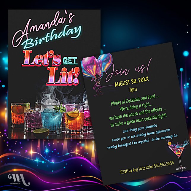 Invitation Glace Sèche Néon Ultraviolet Cocktail Anniversaire (Créateur téléchargé)
