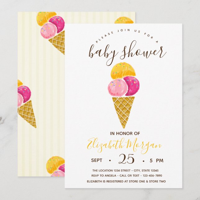 Invitation Glaces à l'aquarelle, Baby Shower à rayures  (Devant / Derrière)