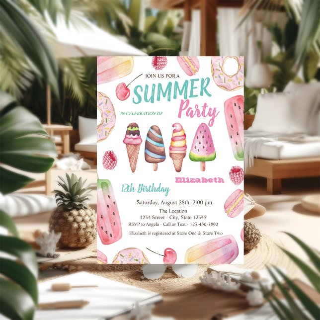 Invitation Glaces à l'aquarelle, gâteaux d'anniversaire (Créateur téléchargé)