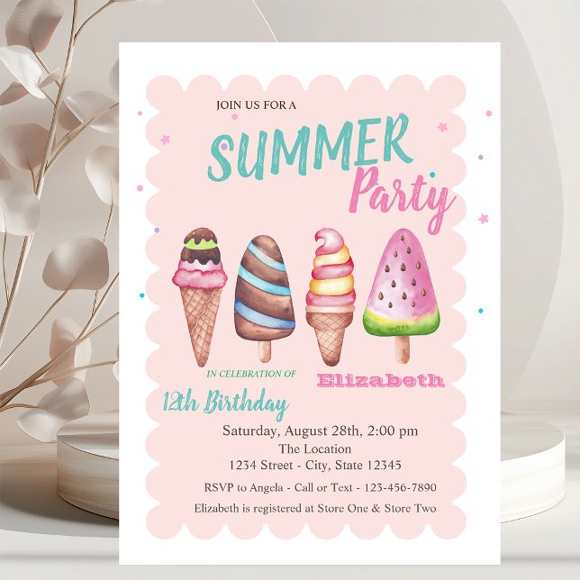 Invitation Glaces aquarelles chic Fête d'anniversaire d'été (Créateur téléchargé)
