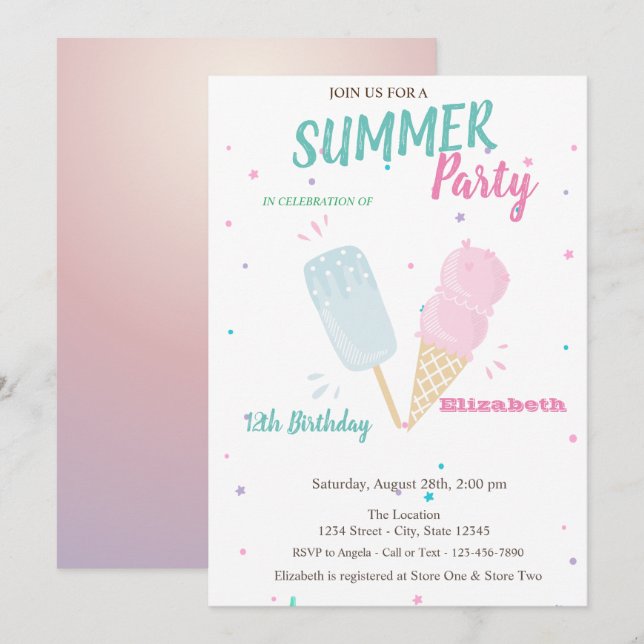 Invitation Glaces aquarelles cool Fête d'anniversaire d'été  (Devant / Derrière)