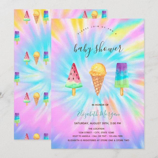 Invitation Glaces Été Tie-Dye Baby Shower (Devant / Derrière)