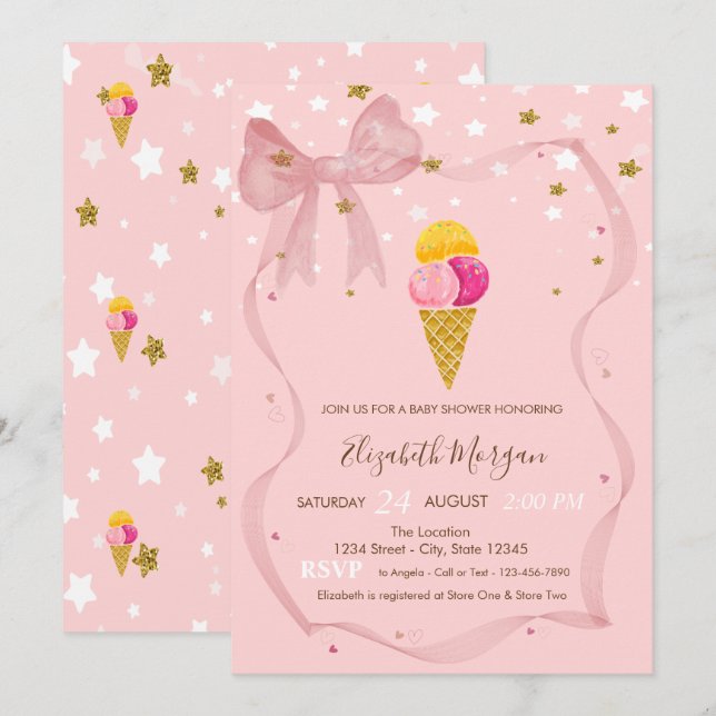 Invitation  Glaces Étoiles Ruban Rose Baby Shower  (Devant / Derrière)