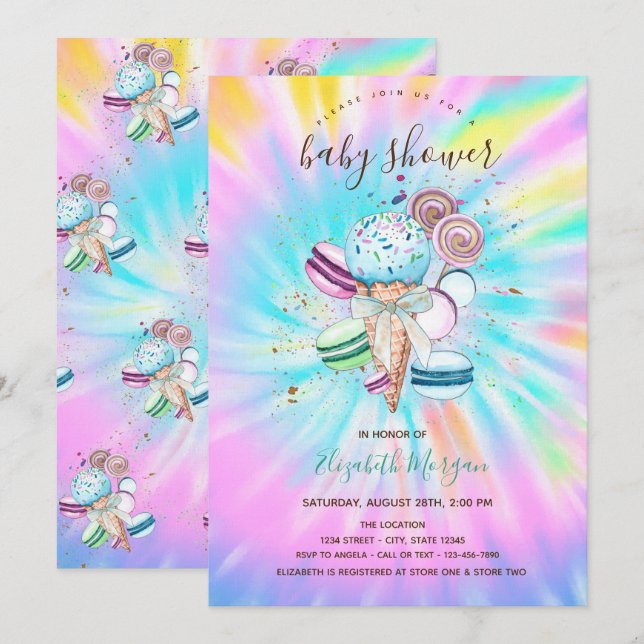 Invitation Glaces Macarons Été Tie-Dye Baby Shower (Devant / Derrière)