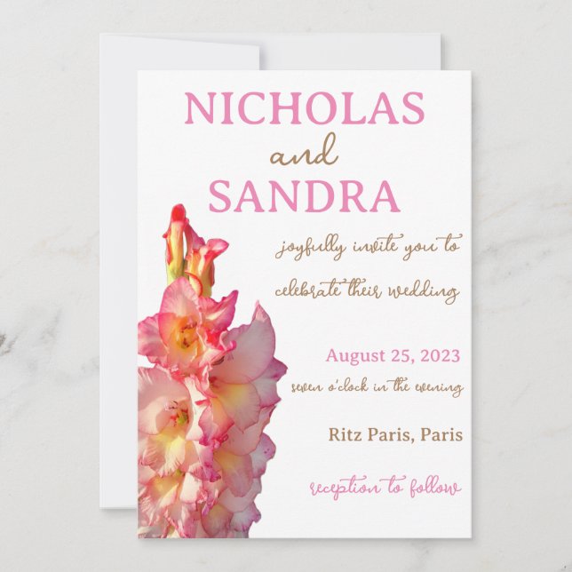 Invitation Gladiolus rose Mariage floral (Devant)